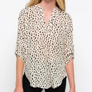 Lush Cream & Black Leopard Print Split Neck Tab Sleeves Top